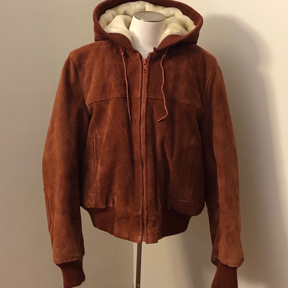 Vintage Brown Suede Youth Jacket with Plush Lining and Hood